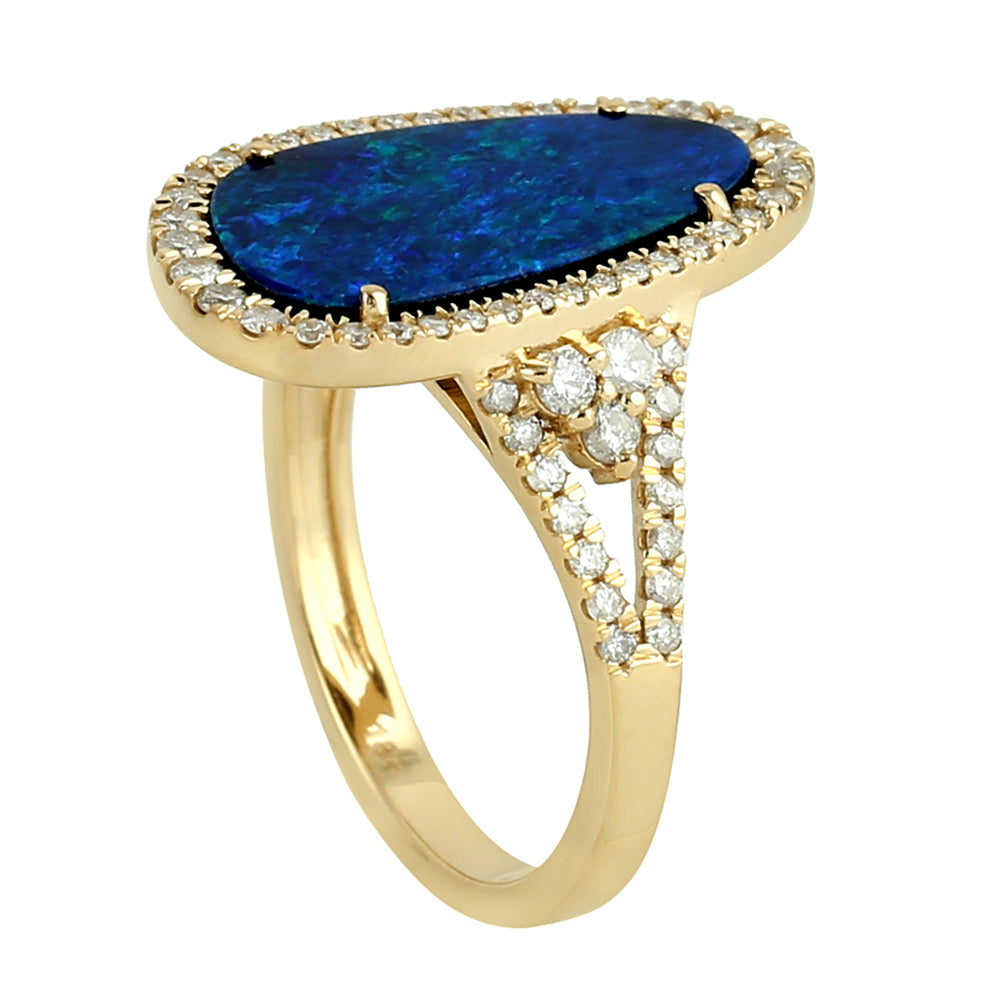 Uneven Opal Doublet Pave Diamond In 18k Yellow Gold Wedding Ring Gift