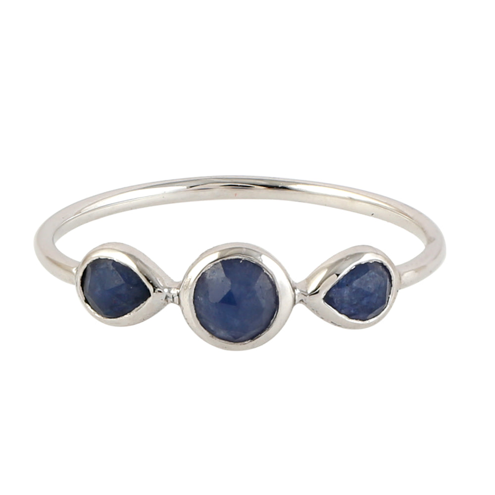 Blue Sapphire Gemstone Three Stone Ring In 18K White Gold For Her