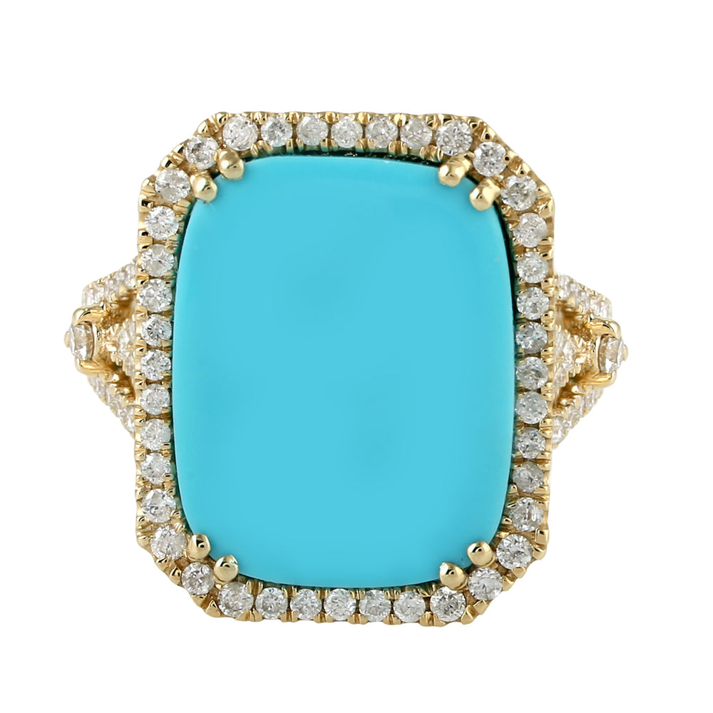 Pave Diamond Turquoise Cocktail Gemstone Party Wear Ring For Women In Solid Gold For Gift