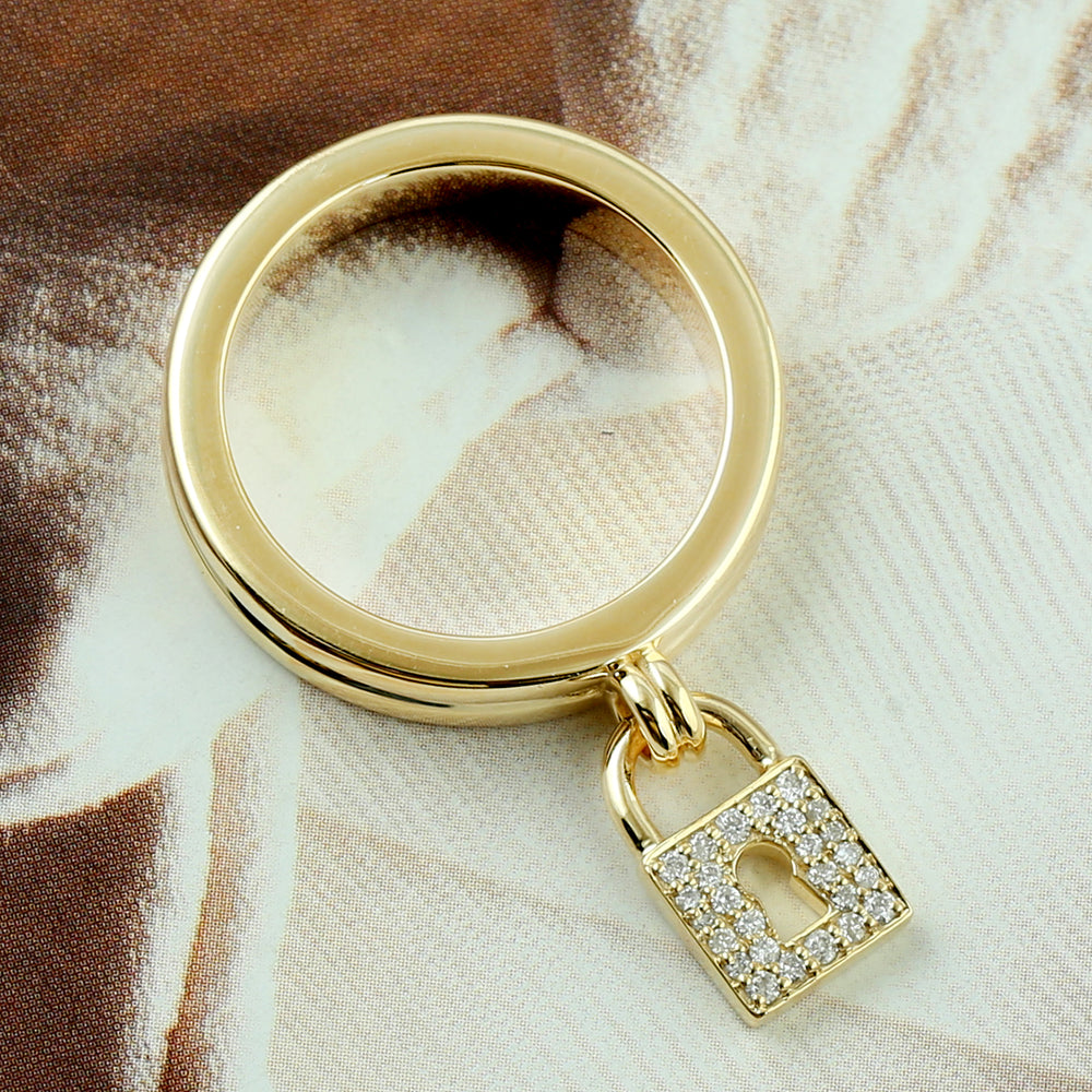 Pave Natural Diamond Lock Design Band Ring In 14K Yellow Gold For Gifts