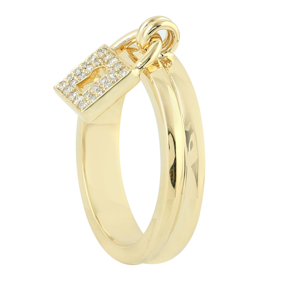 Pave Natural Diamond Lock Design Band Ring In 14K Yellow Gold For Gifts