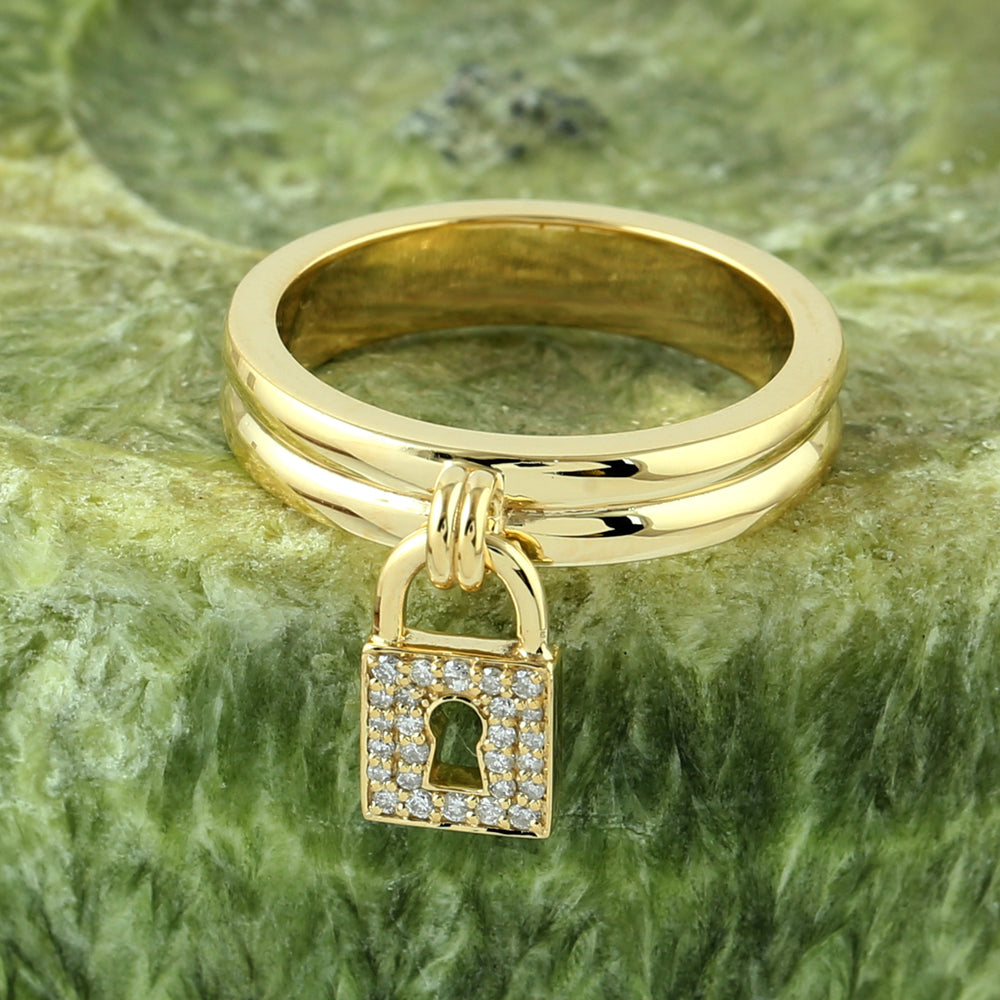 Natural Diamond Pave Lock Design Band Ring In 14K Yellow Gold
