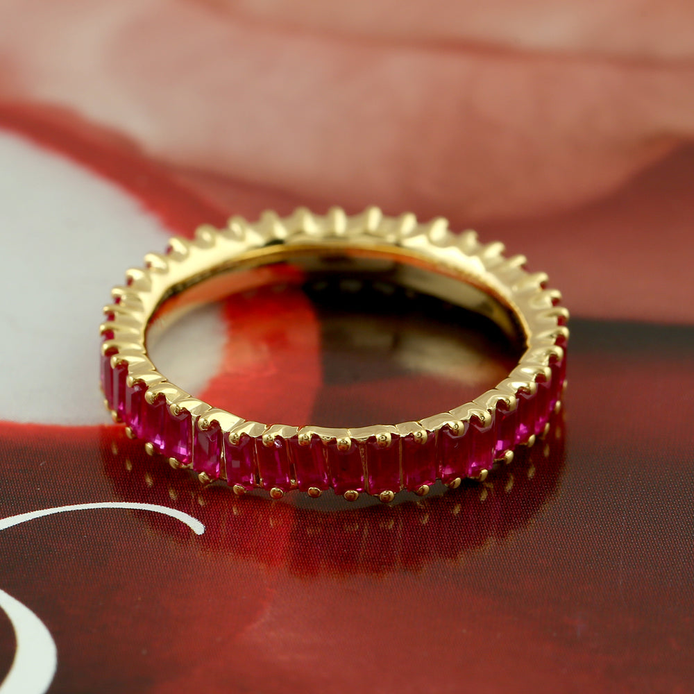 Baguette Cut Ruby Gemstone Full Eternity Band Ring In Yellow Gold