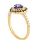 Tanzanite Studded Blue Sapphire Pave Diamond Heart Ring In 18K Yellow Gold