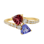 Heart Desig Tourmaline Tanzanite Bypass Diamond Ring In 18k Yellow Gold