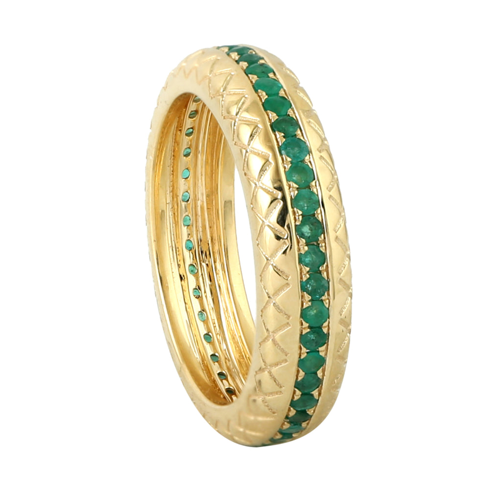 Natural Emerald Micro Pave Unique Unisex Band Ring 18K Yellow Gold Jewelry