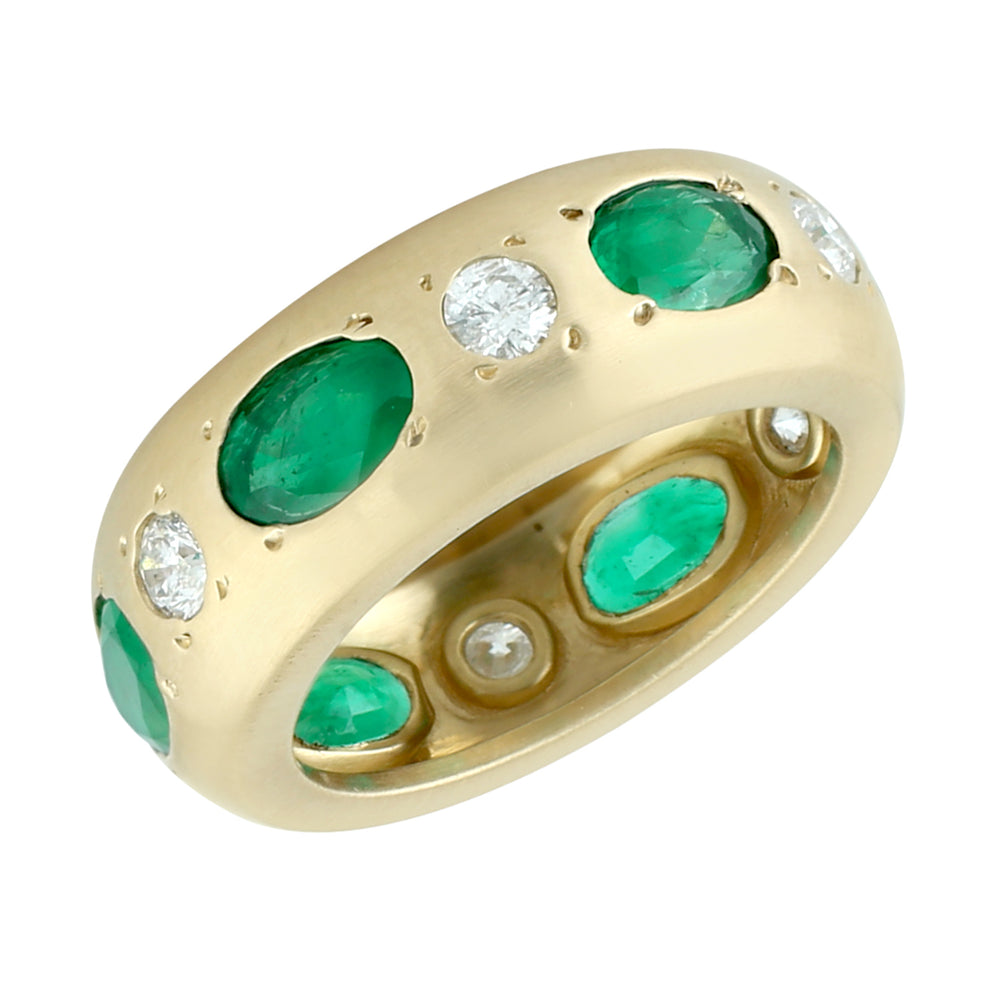 Oval Cut Emerald Bezel Set Diamond Band Ring In Yellow Gold