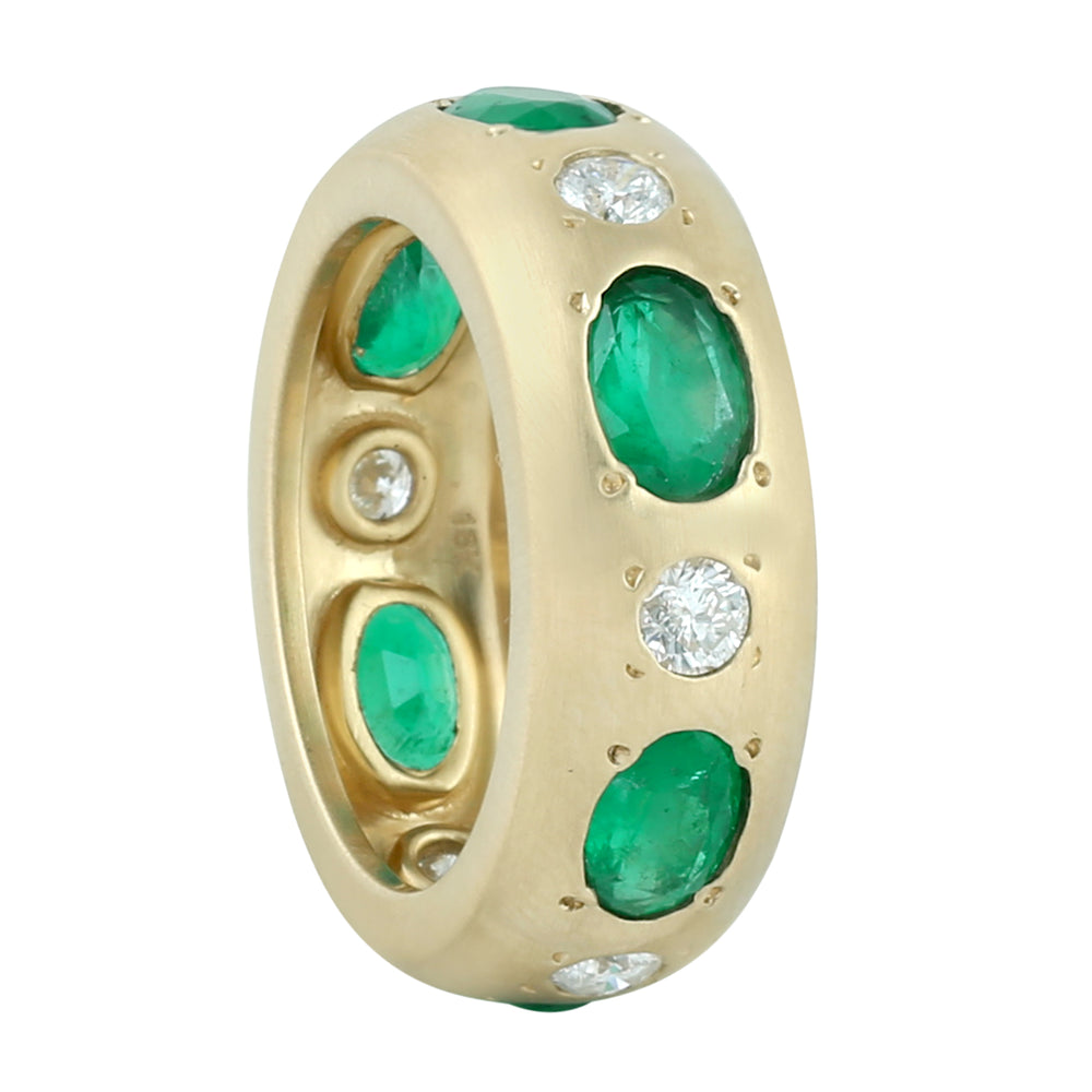 Oval Cut Emerald Bezel Set Diamond Band Ring In Yellow Gold
