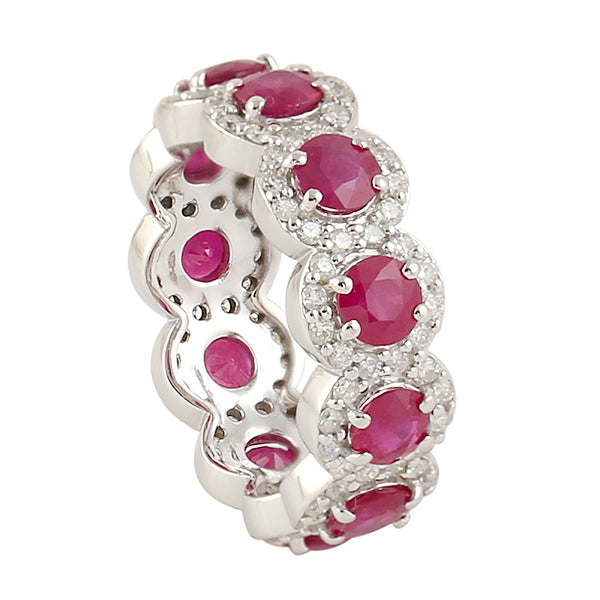 14K White Gold Prong Set Ruby Gemstone Pave Diamond Designer Band Ring