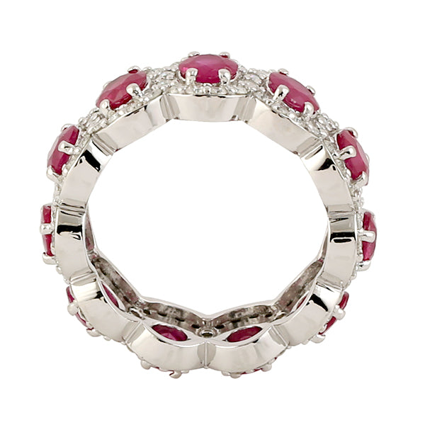14K White Gold Prong Set Ruby Gemstone Pave Diamond Designer Band Ring