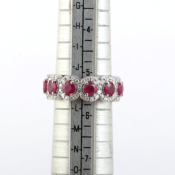 14K White Gold Prong Set Ruby Gemstone Pave Diamond Designer Band Ring
