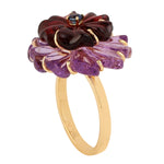 18k Yellow Gold Prong Blue Sapphire Carved Mix Stone Gemstone Flower Ring