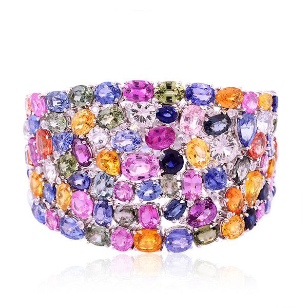 Rainbow Sapphire September Birthstone Pave Diamond Wedding Fixed & Flexible Bracelet In White Gold