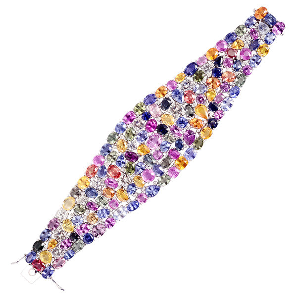 Rainbow Sapphire September Birthstone Pave Diamond Wedding Fixed & Flexible Bracelet In White Gold