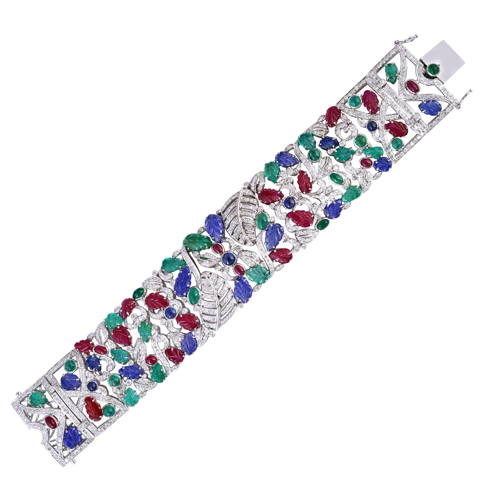 White Gold Carving Emerald Blue Sapphire Ruby Leaf Design Pave Diamond Fixed & Flexible Bracelet