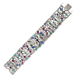 White Gold Carving Emerald Blue Sapphire Ruby Leaf Design Pave Diamond Fixed & Flexible Bracelet