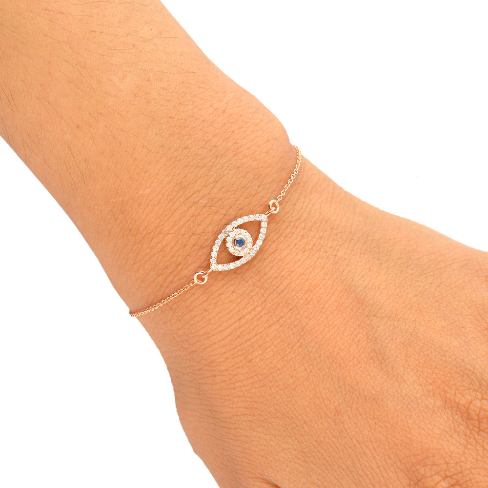 Bezel Set Blue Sapphire Pave Diamond Evil Eye Design Bracelet In 18K Rose Gold