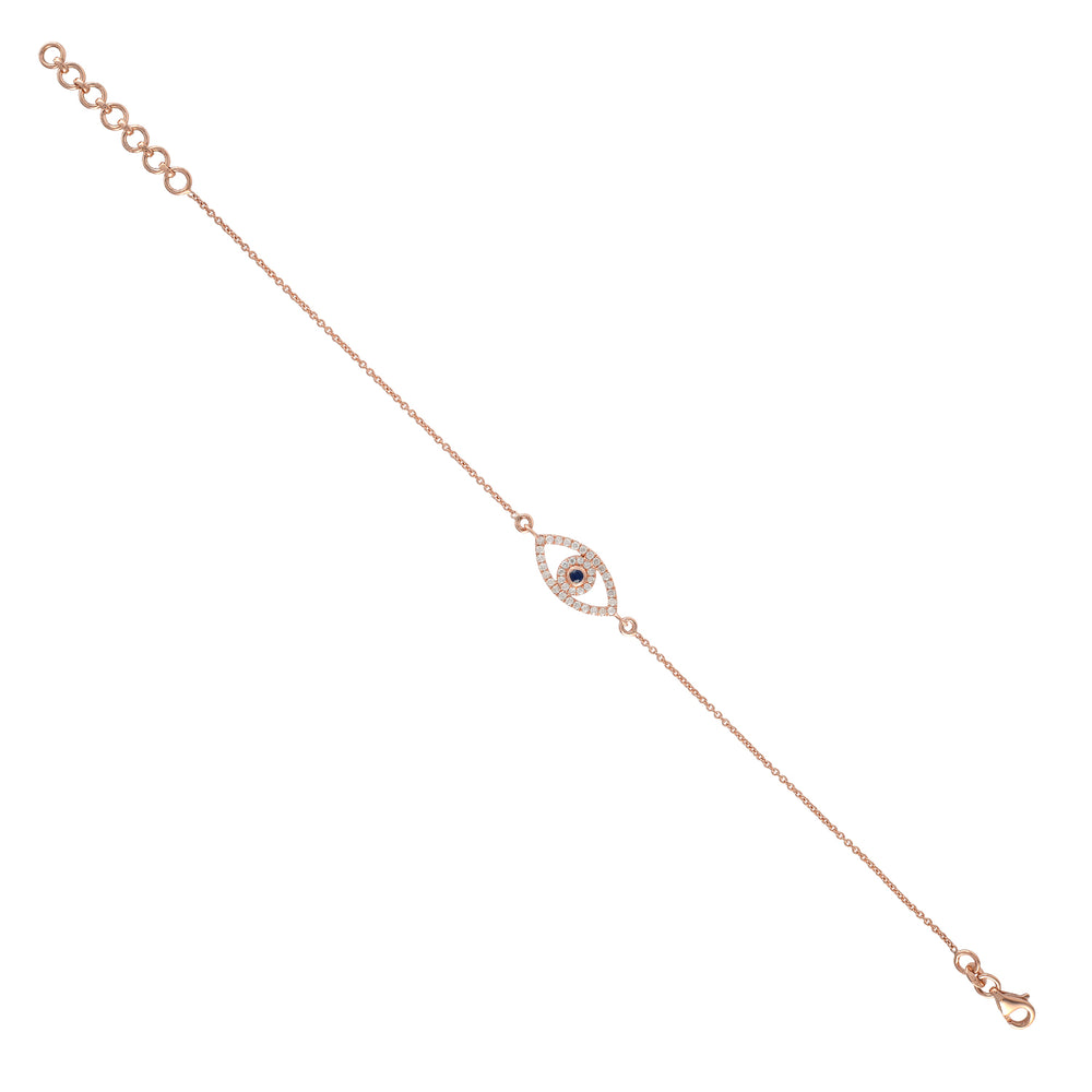 Bezel Set Blue Sapphire Pave Diamond Evil Eye Design Bracelet In 18K Rose Gold
