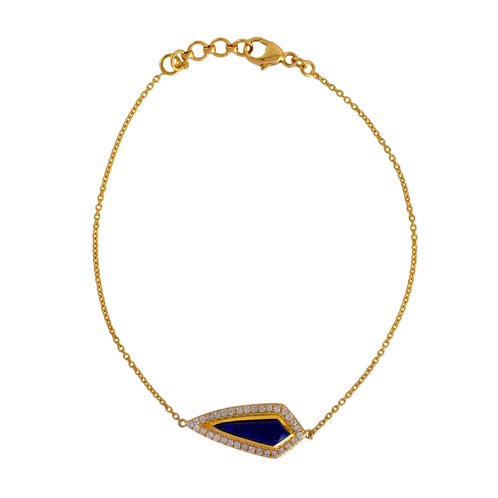 18K Yellow Gold Pave Diamond Triangle Lapis Gemstone Fixed And Flexible Bracelet