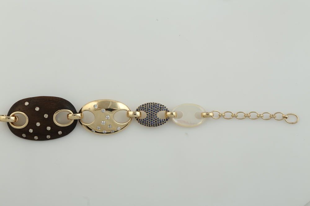 Yellow Gold Bezel Diamond Oval Mop Wood Pave Blue Sapphire Unique Fixed & Flexible Bracelet