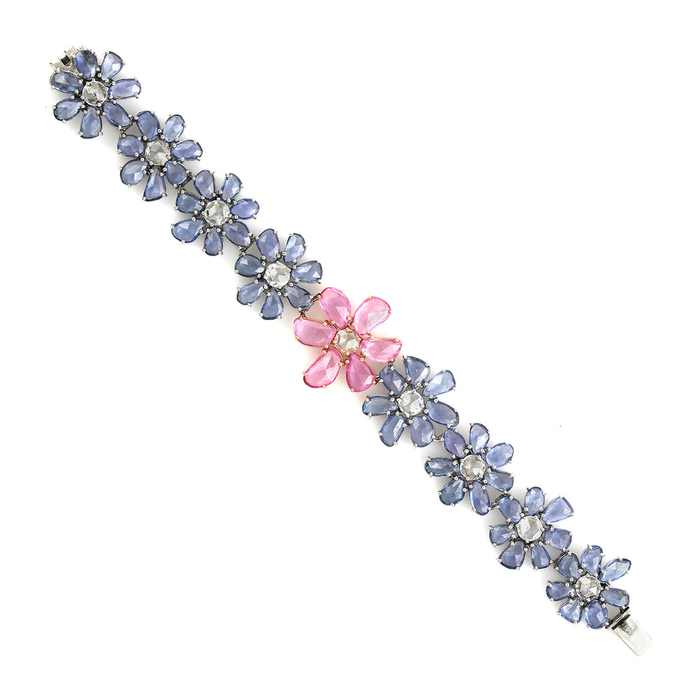 18k Gold Multicolor Sapphire Beautiful Daisy Fixed & Flexible Designer Bracelet For Her