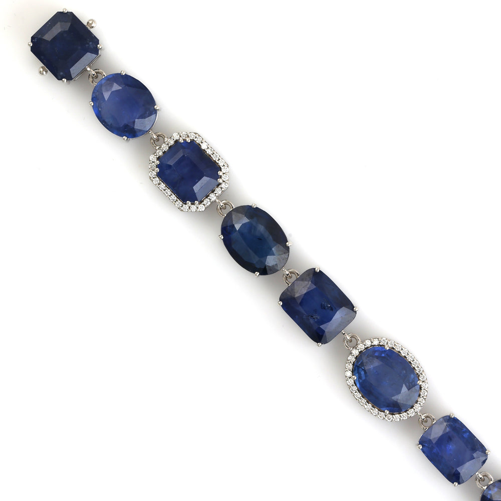 Micro Pave Diamond Blue Sapphire Link Chain Bracelet In 18k White Gold Handmade Jewelry