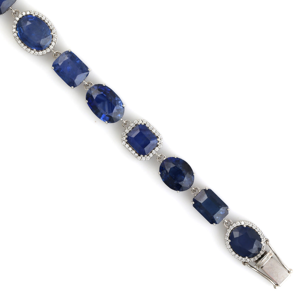 Micro Pave Diamond Blue Sapphire Link Chain Bracelet In 18k White Gold Handmade Jewelry