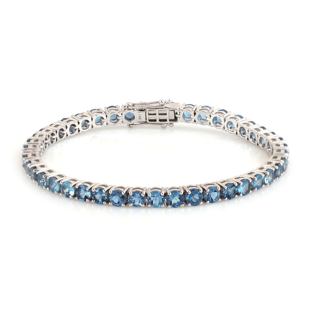 Round Aquamarine March Birthstone Tennis Fixed & Flexible Bracelet In 14K White Gold