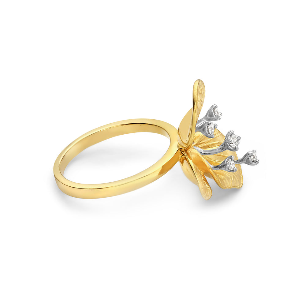 14K Yellow Gold Peony Design Flower Ring Natural Diamond