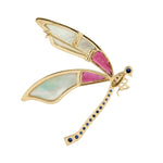 Fancy Cut MOP Bezel Set Pink Tourmaline Padv Blue Sapphire Diamond Dragonfly Brooch In Gold