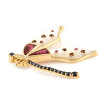Fancy Cut MOP Bezel Set Pink Tourmaline Padv Blue Sapphire Diamond Dragonfly Brooch In Gold