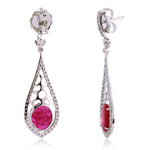 Red Slice Ruby Pave Diamond Teardrop Dangler Earrings In 18K White Gold For Valentine Gifts