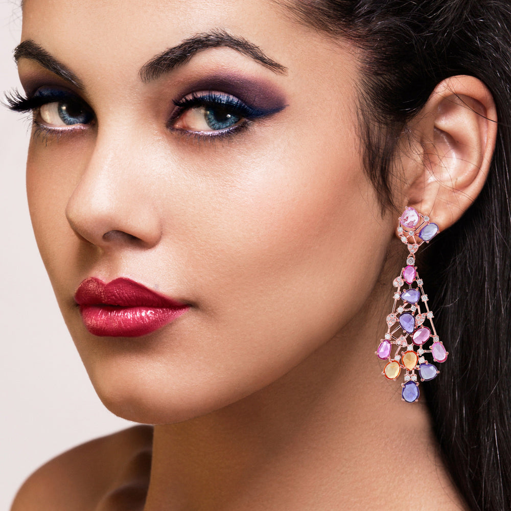 Oval Cut Multi Sapphire Prong Diamond September Birthstone Chandelier Earrings In Rose Gold