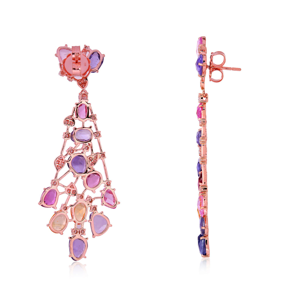 Oval Cut Multi Sapphire Prong Diamond September Birthstone Chandelier Earrings In Rose Gold