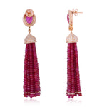 18K Rose Gold Faceted Ruby Beads Pave Diamond Beautiful Tassel Earrings For Weddings