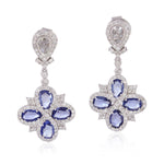 Unshaped Slice Blue Sapphire Pave Diamond Clover Dangler In 18K White Gold For Her