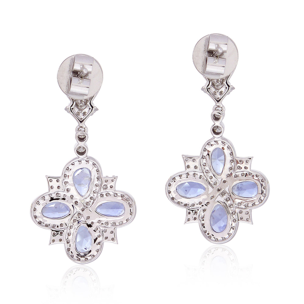 Unshaped Slice Blue Sapphire Pave Diamond Clover Dangler In 18K White Gold For Her