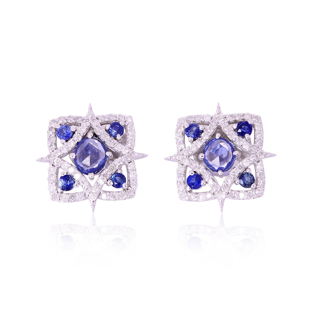 18K White Gold Prong Blue Sapphire Pave Diamond Star Stud Earrings For Women's