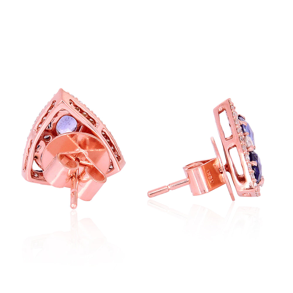 Oval Cut Slice Blue Sapphire Pave Diamond Triangle Stud In 18K Rose Gold For Her