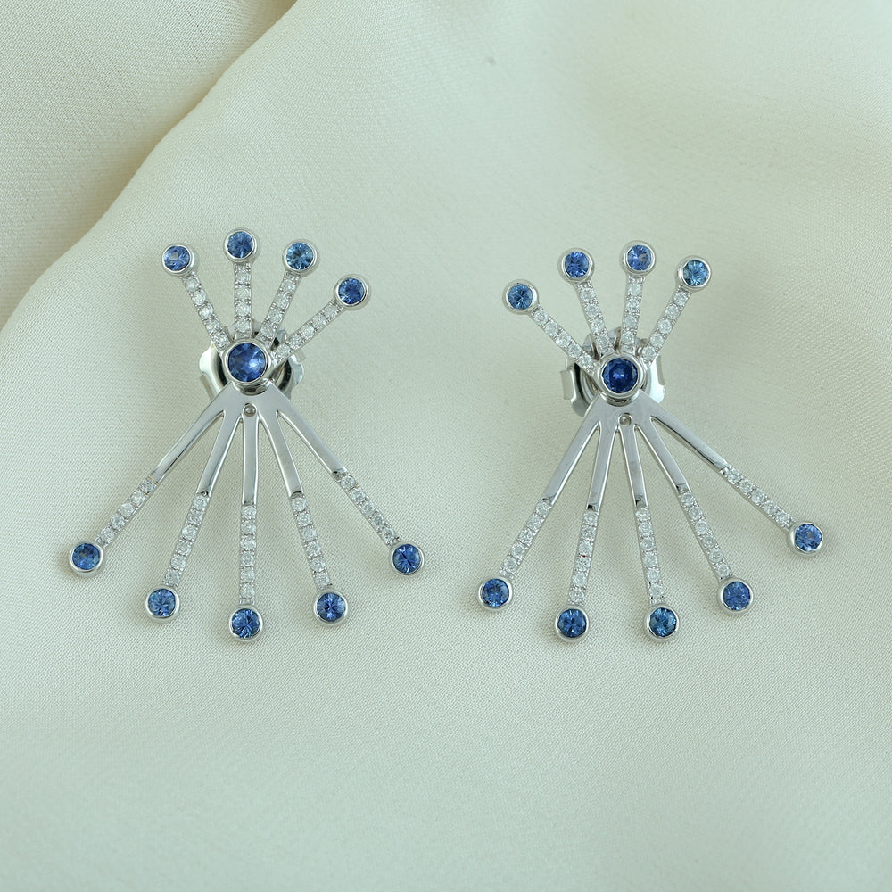 18K White Gold Bezel Set Blue Sapphire Pave Diamond Ear Jacket Earrings For Christmas Gift