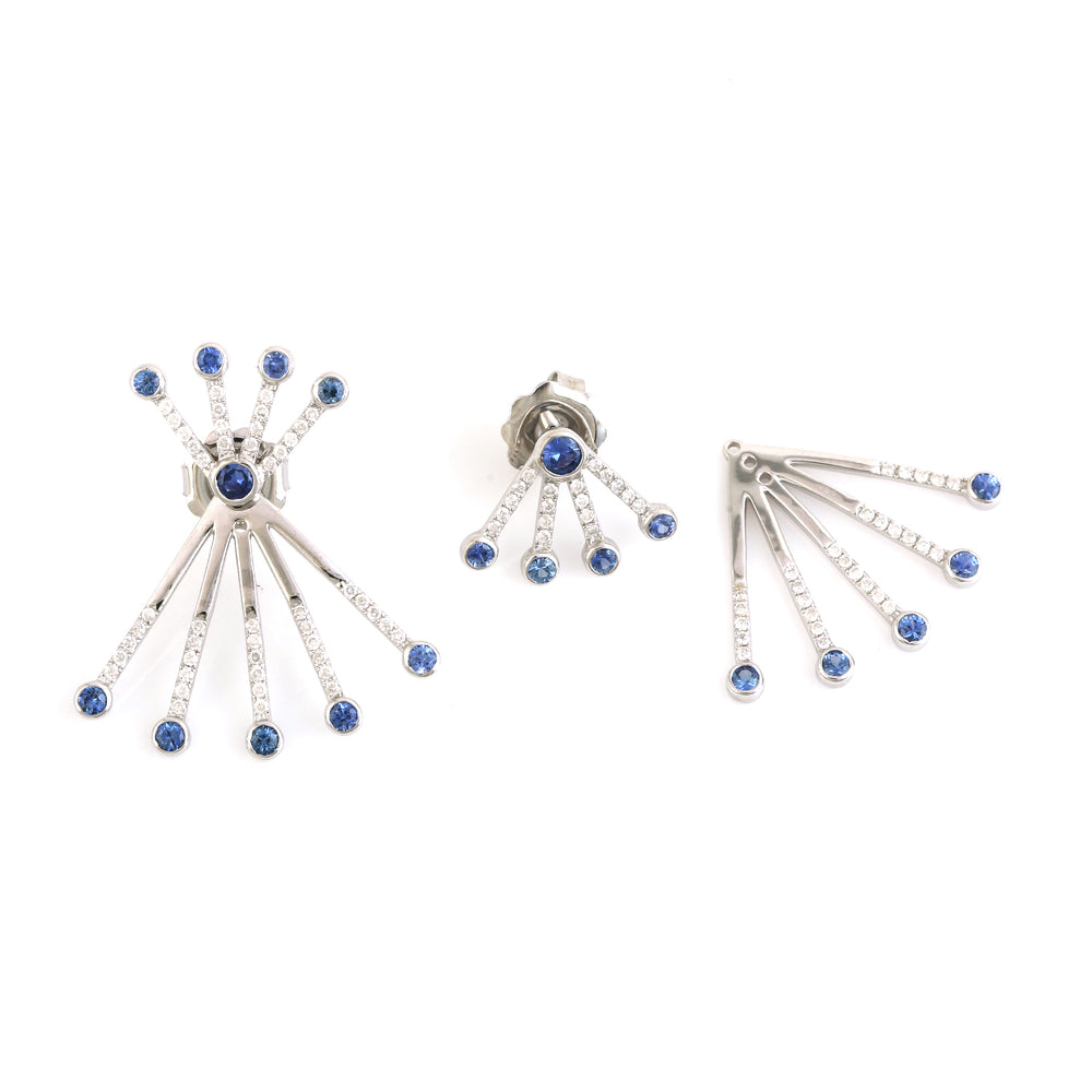 18K White Gold Bezel Set Blue Sapphire Pave Diamond Ear Jacket Earrings For Christmas Gift