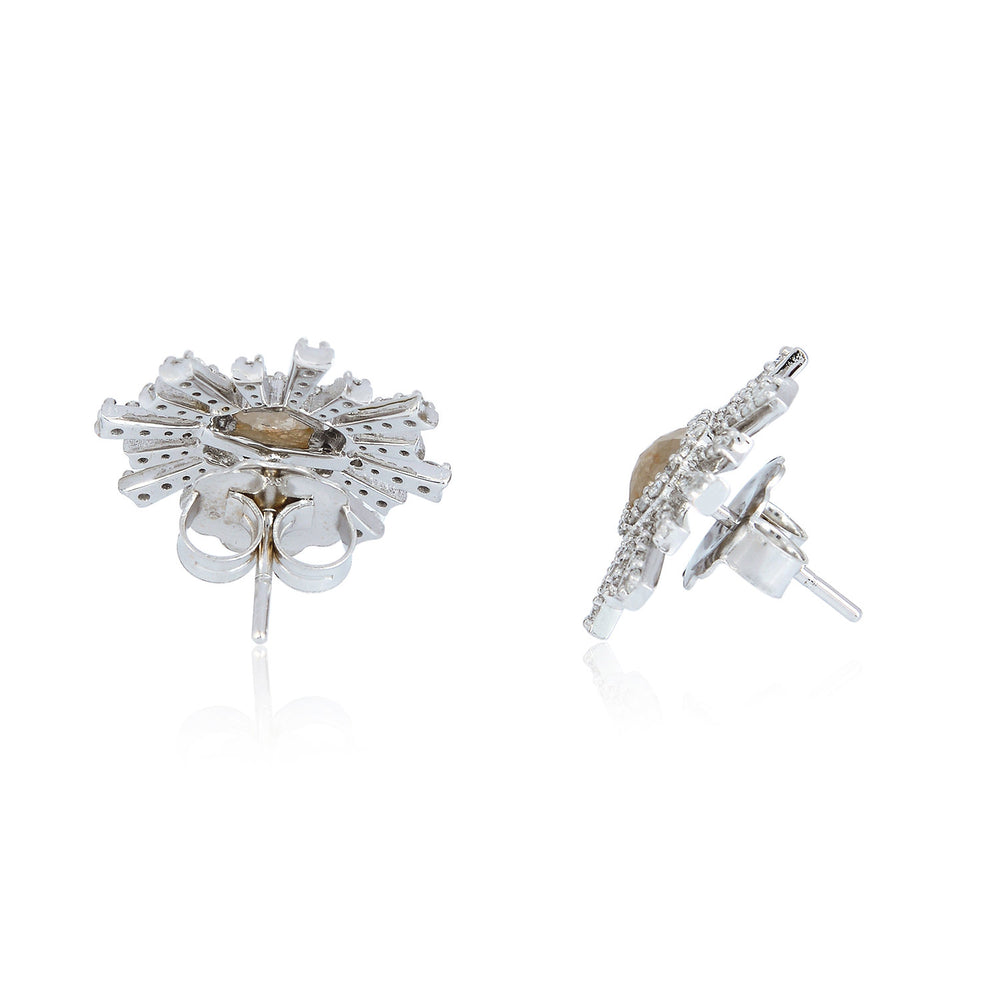 Hexagon Shape Ice Diamond Pave Sunburst Stud Earrings In 18K White Gold For Gifts