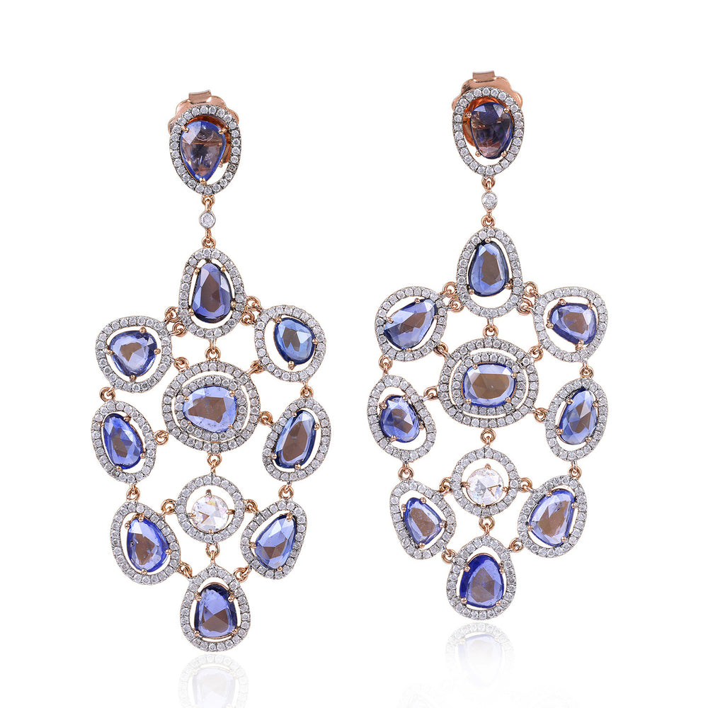 Peacock Feather Shape Blue Sapphire Chandelier Earrings Pave Diamond In 18K Rose Gold