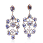 Peacock Feather Shape Blue Sapphire Chandelier Earrings Pave Diamond In 18K Rose Gold