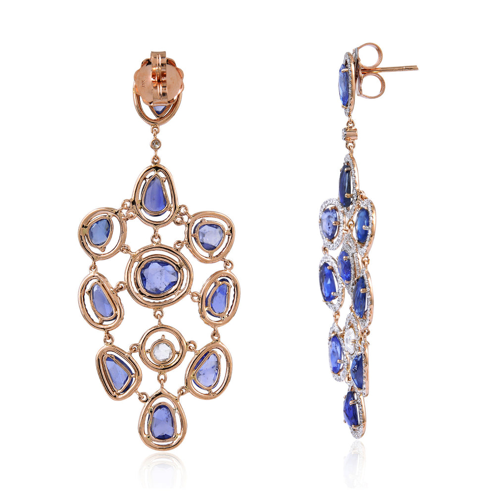 Peacock Feather Shape Blue Sapphire Chandelier Earrings Pave Diamond In 18K Rose Gold