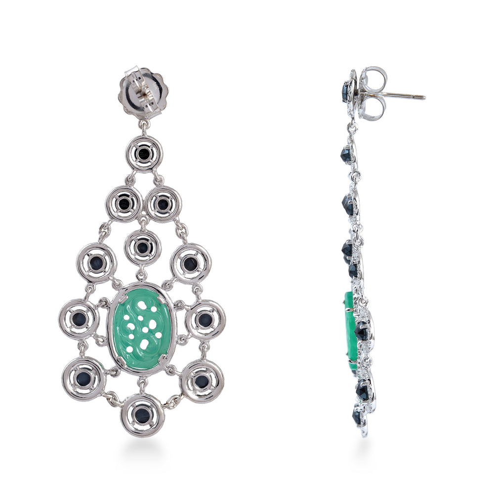 Carved Onyx Round Spinel Pave Diamond Chandelier Earrings In White Gold 925 Silver