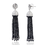 18K White Gold Faceted Ice Diamond Beads Round Onyx Designer Tassel Earrings