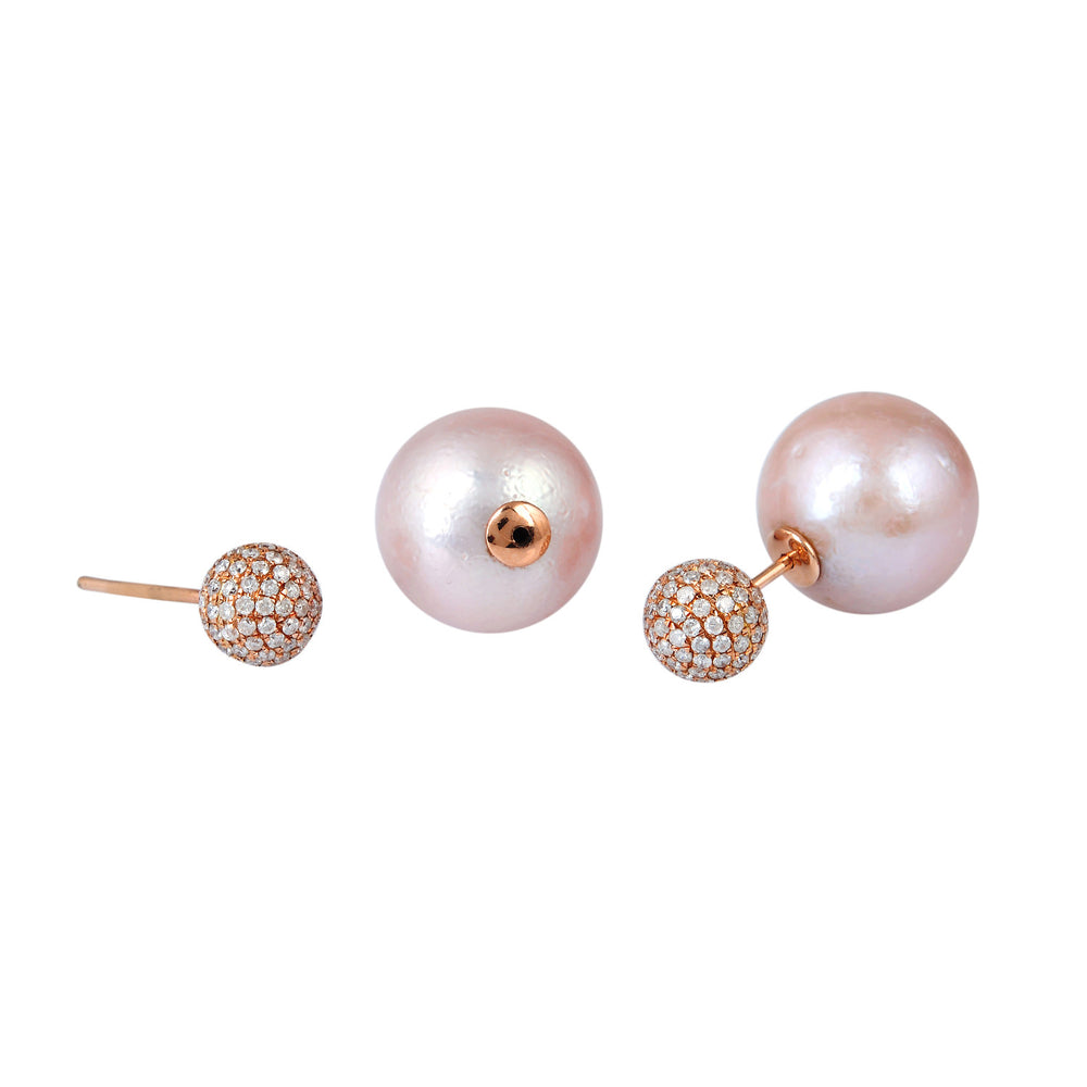 18K Rose Gold Pink Pearl Chiness Bead Ball Diamond Tunnel Earrings For Birthday Gifts