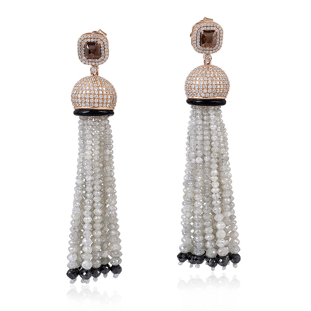 Shimmering Faceted Ice Beads Tassel Earrings Round Onyx Made In 18K Rose Gold For Her