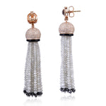 Shimmering Faceted Ice Beads Tassel Earrings Round Onyx Made In 18K Rose Gold For Her